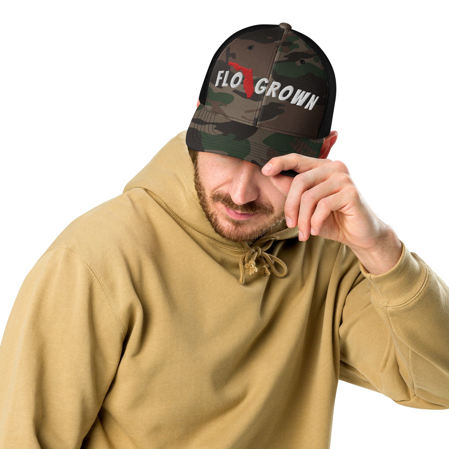 FLO GROWN STATE OF FLORIDA OUTLINE - FLORIDA Camouflage Flo Grown trucker hat
