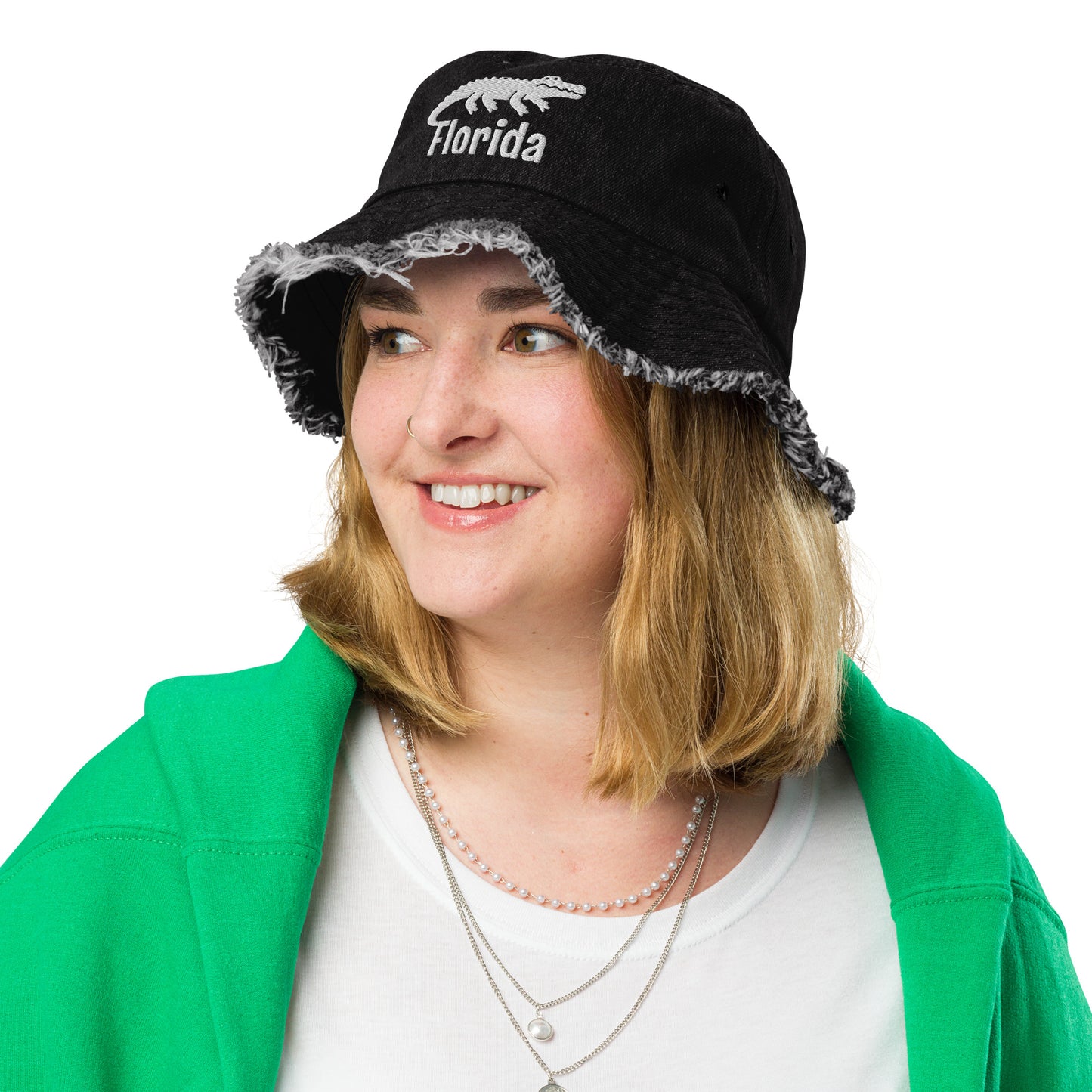 FLORIDA ALLIGATOR BUCKET HAT - Florida Alligator Distressed denim bucket hat