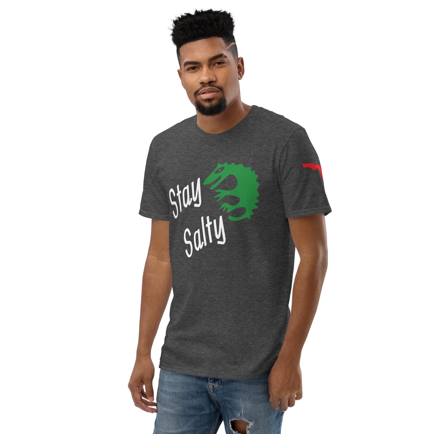 STAY SALTY FLORIDA TSHIRT W/ ALLIGATOR AND LEFT SLEEVE MAP - Florida Unisex Lightweight T-Shirt - Gildan 980