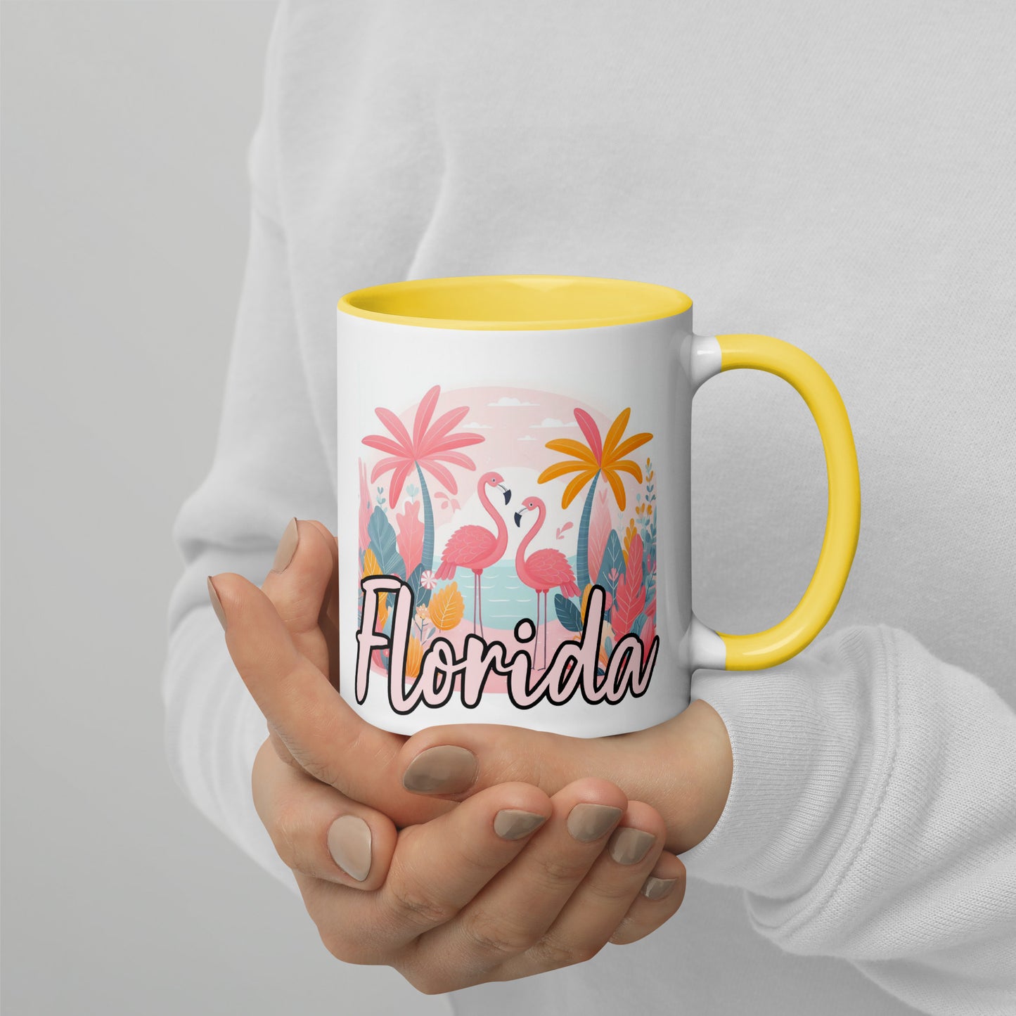 FLORIDA FLAMINGOS Mug with Color Inside - Florida Flamingo Mugs - FL Coffee Cups V2