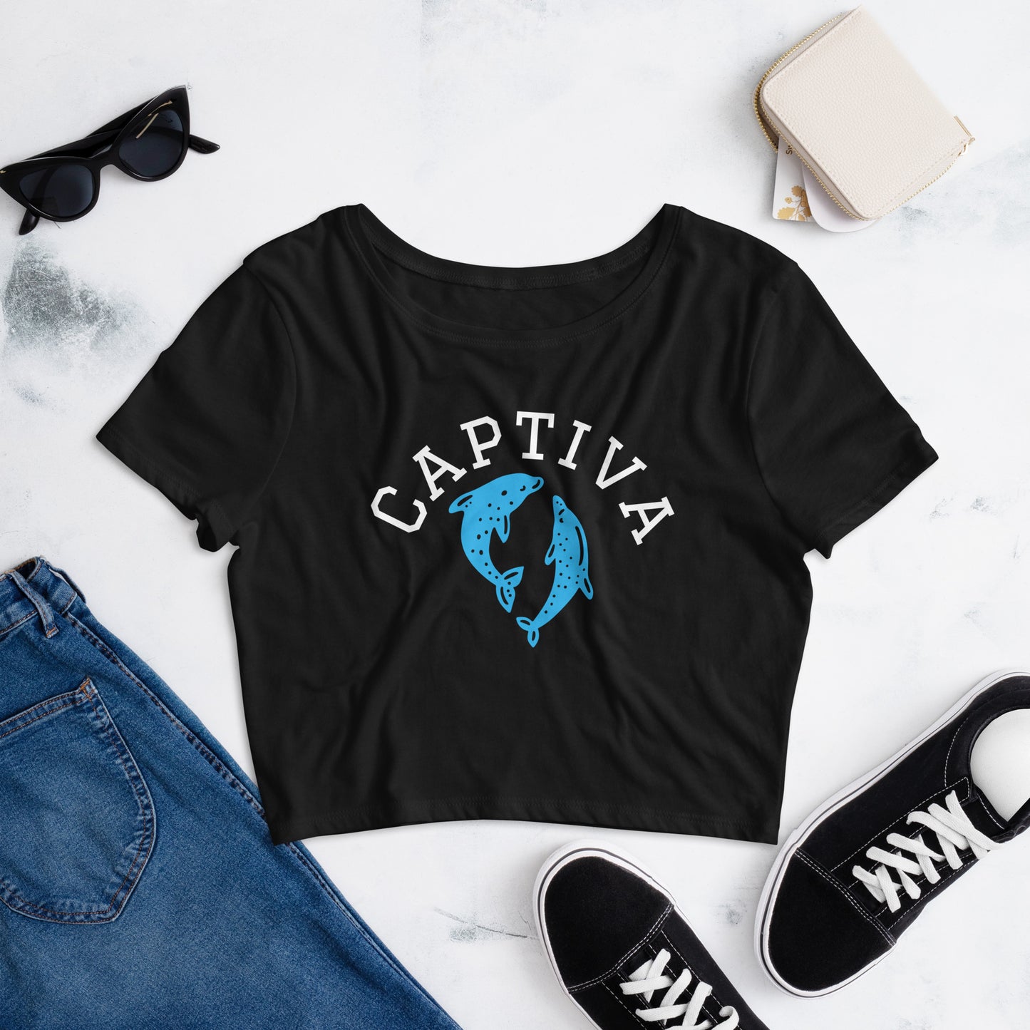 FLORIDA DOLPHINS "CAPTIVA" CROP TEE - FLORIDA - Black Women's Captiva FL Dolphins Crop Top
