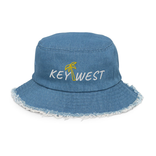 KEY WEST FLORIDA W/ PALM - Distressed denim bucket hat