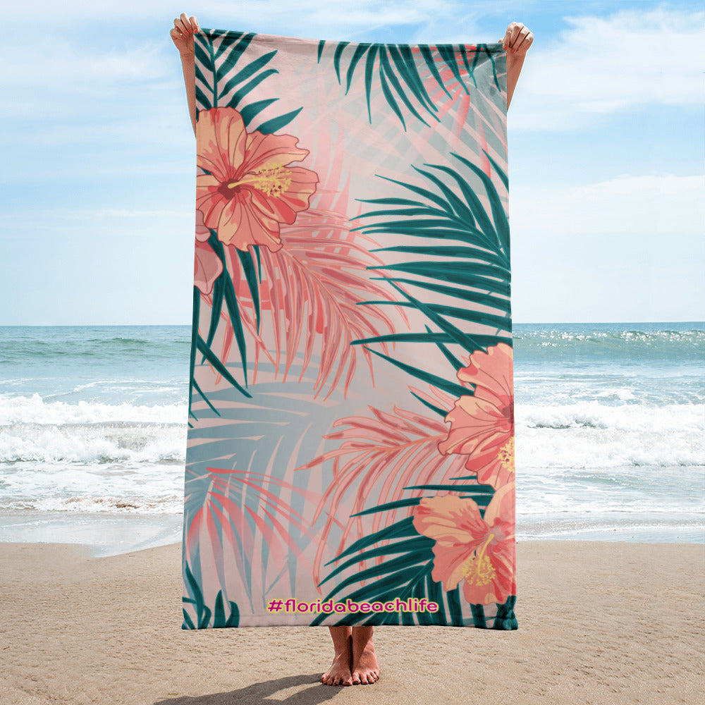 Florida Beach Vibes Coral Hibiscus Towel