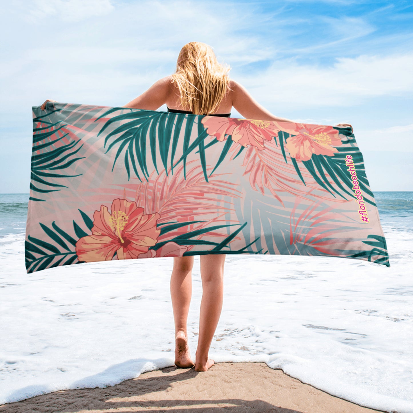 Florida Beach Vibes Coral Hibiscus Towel
