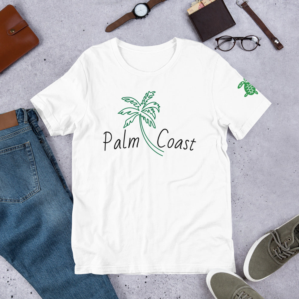 PALM COAST FLORIDA W/ PALM TREE & LEFT SLEEVE SEA TURTLE - Unisex t-shirt