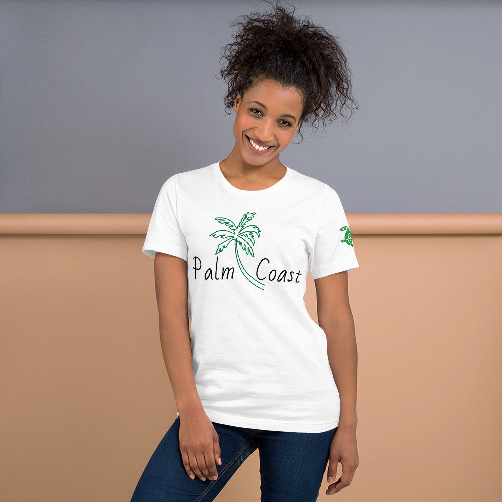 PALM COAST FLORIDA W/ PALM TREE & LEFT SLEEVE SEA TURTLE - Unisex t-shirt