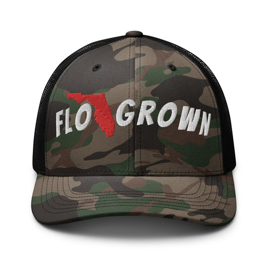 FLO GROWN STATE OF FLORIDA OUTLINE - FLORIDA Camouflage Flo Grown trucker hat