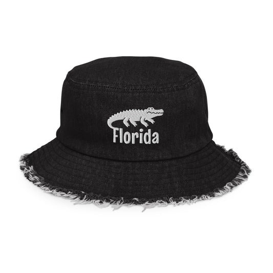 FLORIDA ALLIGATOR BUCKET HAT - Florida Alligator Distressed denim bucket hat