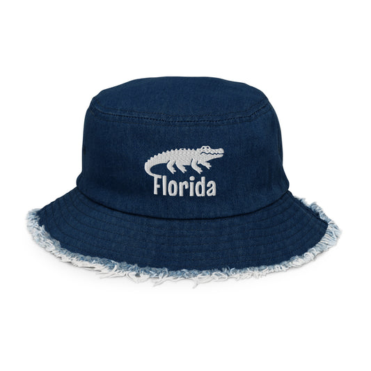 FLORIDA ALLIGATOR BUCKET HAT - Florida Alligator Distressed denim bucket hat