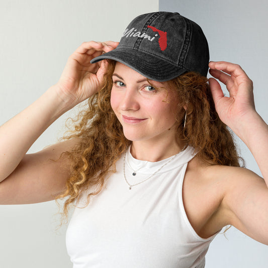 MIAMI FLORIDA CAP WITH FLORIDA MAP - Miami FL Hat- Florida Map Vintage Cotton Twill Cap