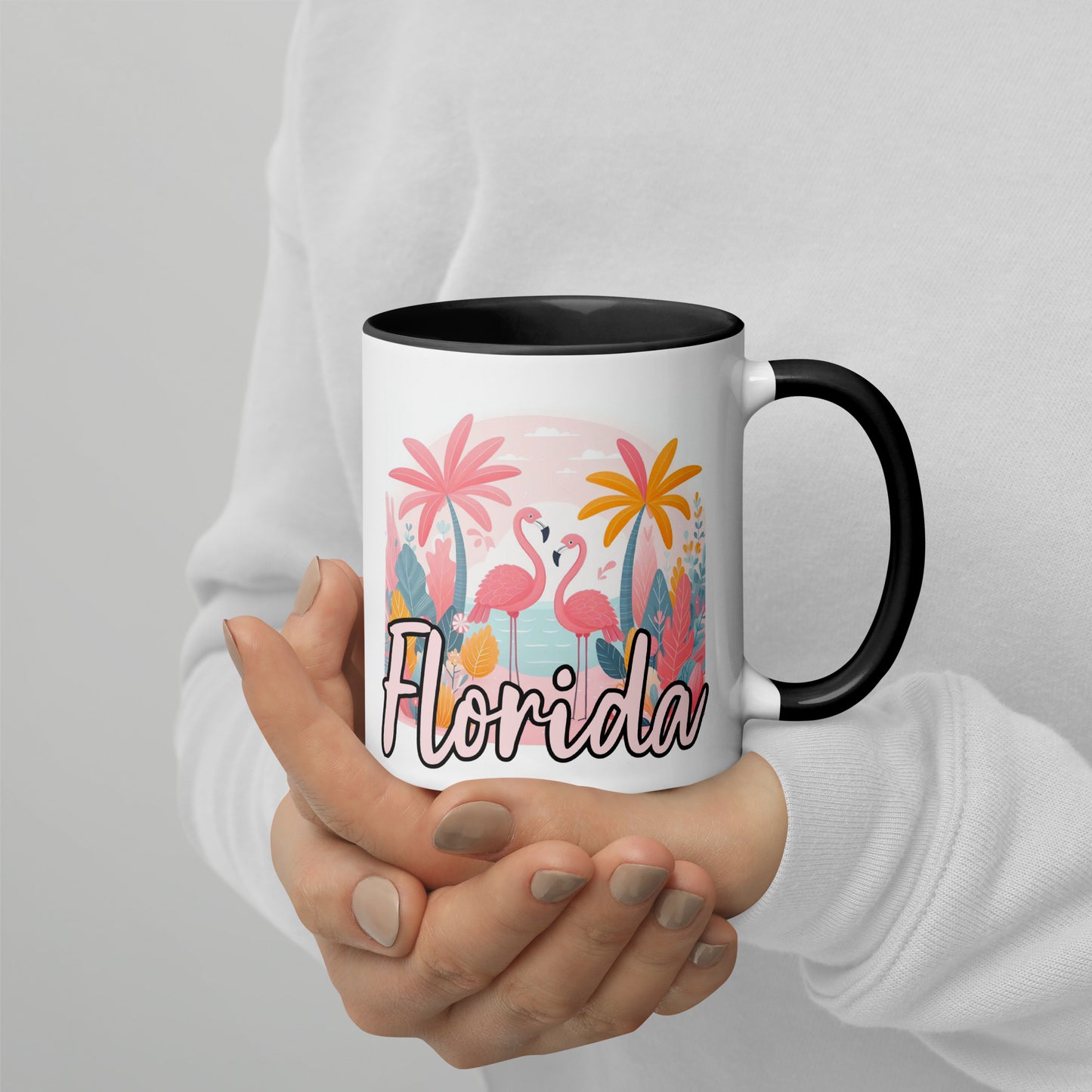 FLORIDA FLAMINGOS Mug with Color Inside - Florida Flamingo Mugs - FL Coffee Cups V2