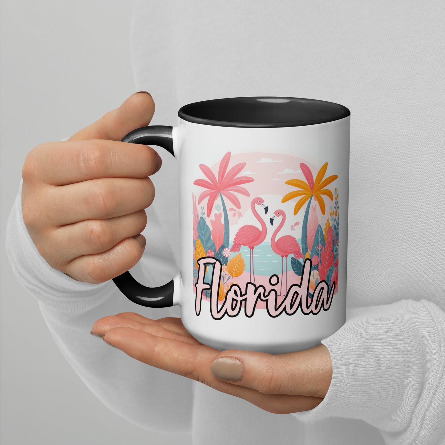 FLORIDA FLAMINGOS Mug with Color Inside - Florida Flamingo Mugs - FL Coffee Cups V2