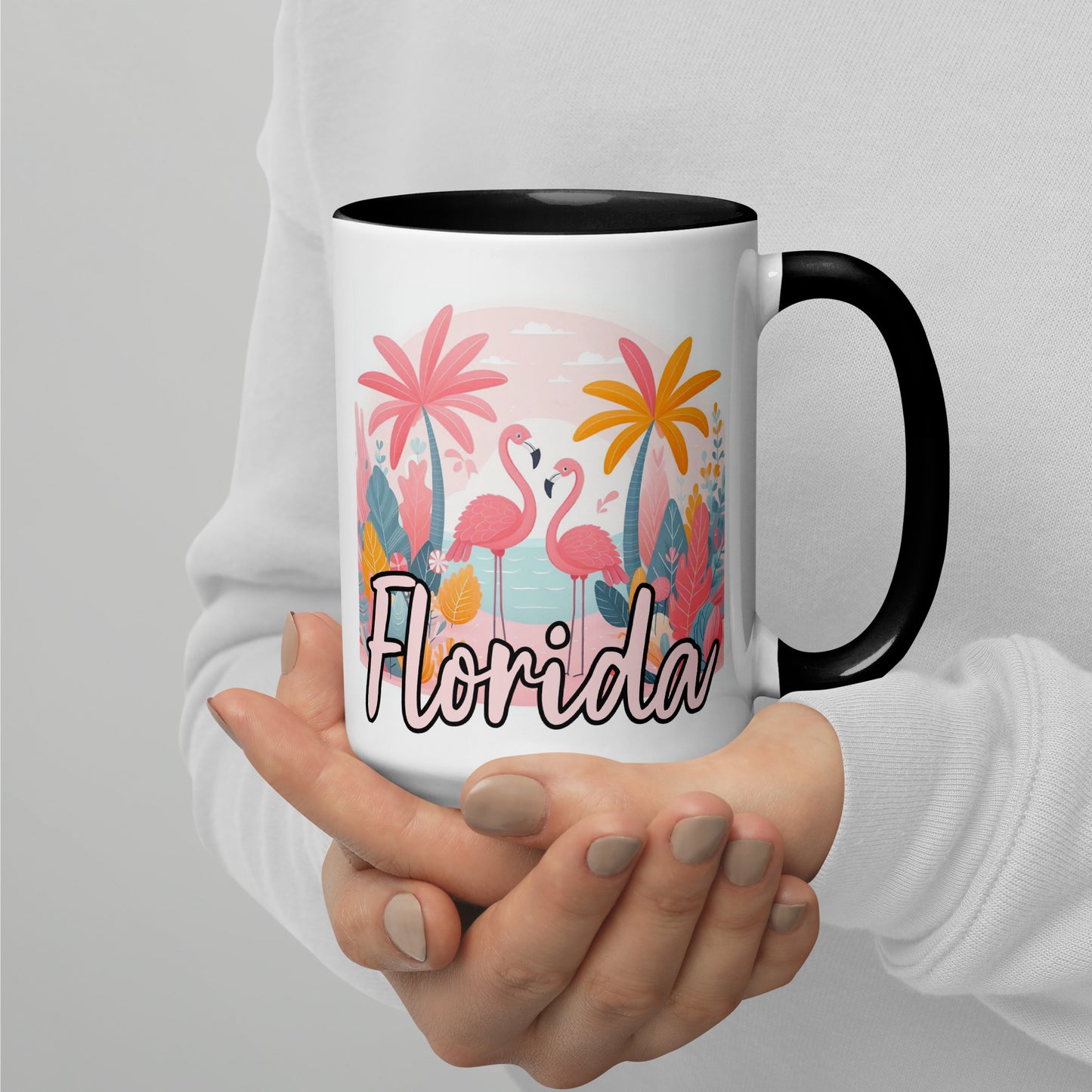 FLORIDA FLAMINGOS Mug with Color Inside - Florida Flamingo Mugs - FL Coffee Cups V2