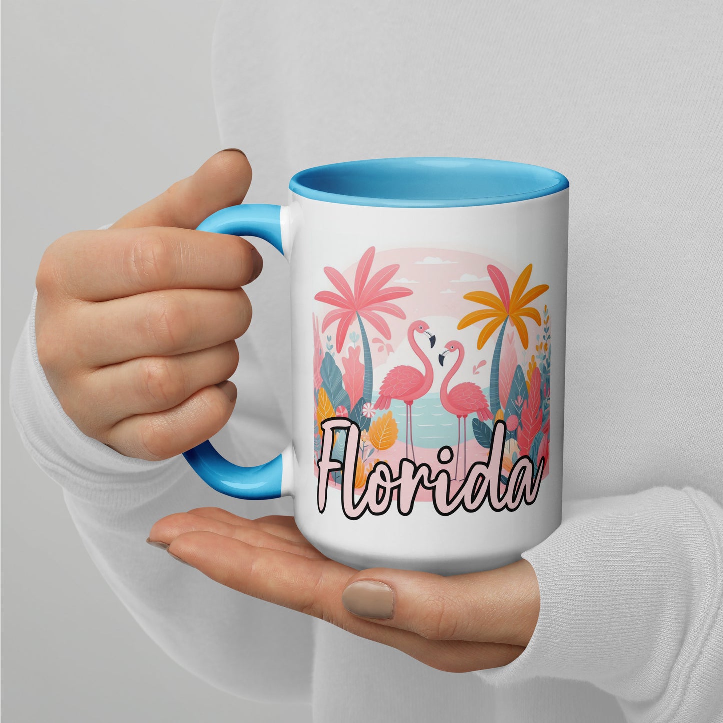 FLORIDA FLAMINGOS Mug with Color Inside - Florida Flamingo Mugs - FL Coffee Cups V2