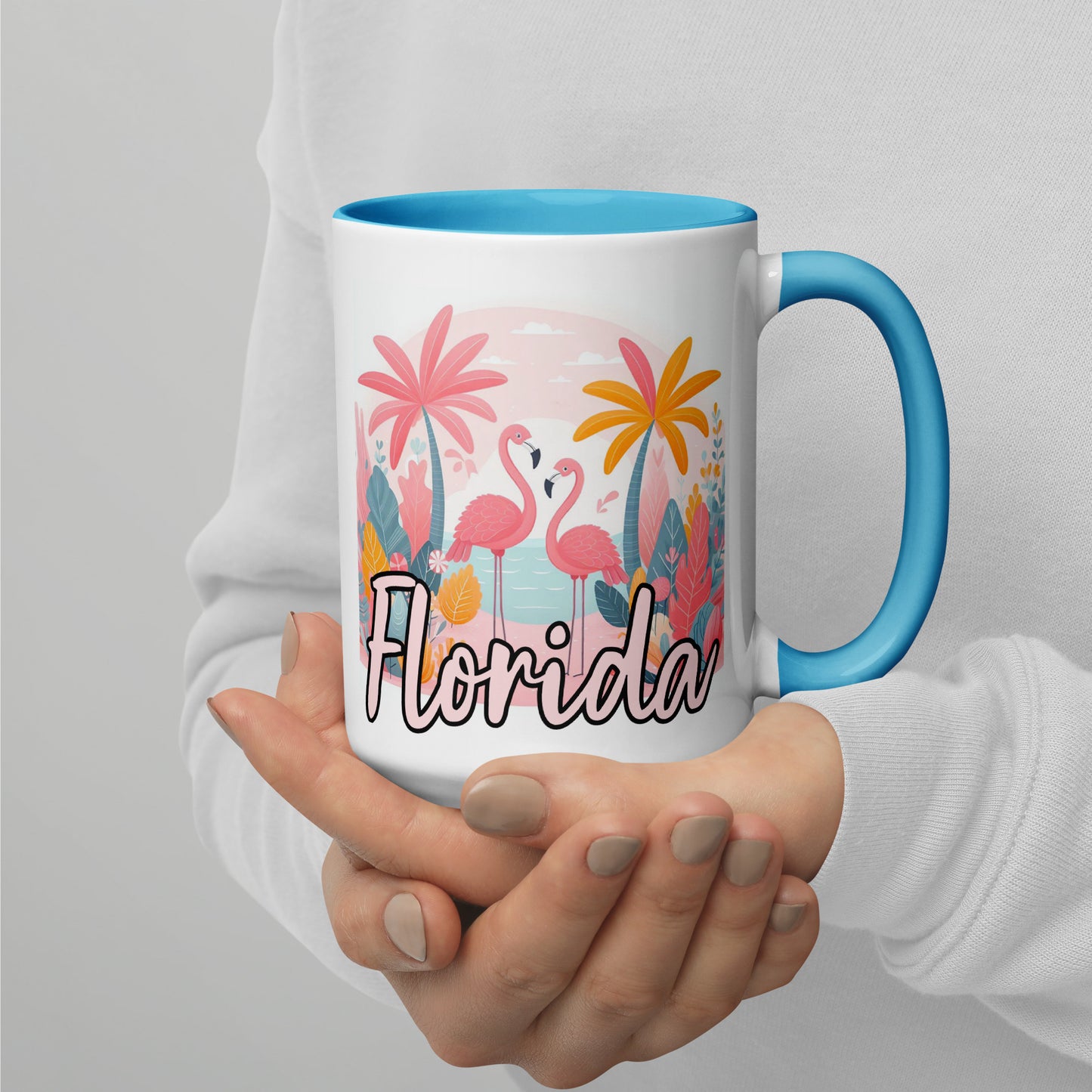 FLORIDA FLAMINGOS Mug with Color Inside - Florida Flamingo Mugs - FL Coffee Cups V2