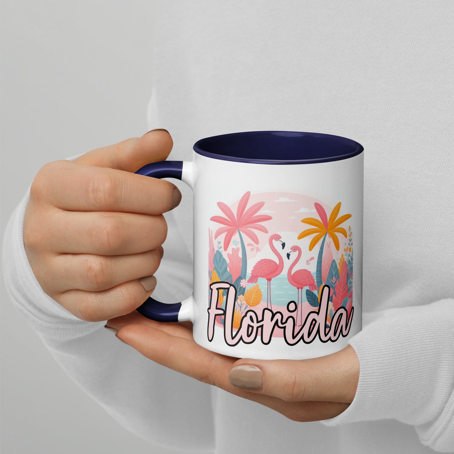 FLORIDA FLAMINGOS Mug with Color Inside - Florida Flamingo Mugs - FL Coffee Cups V2