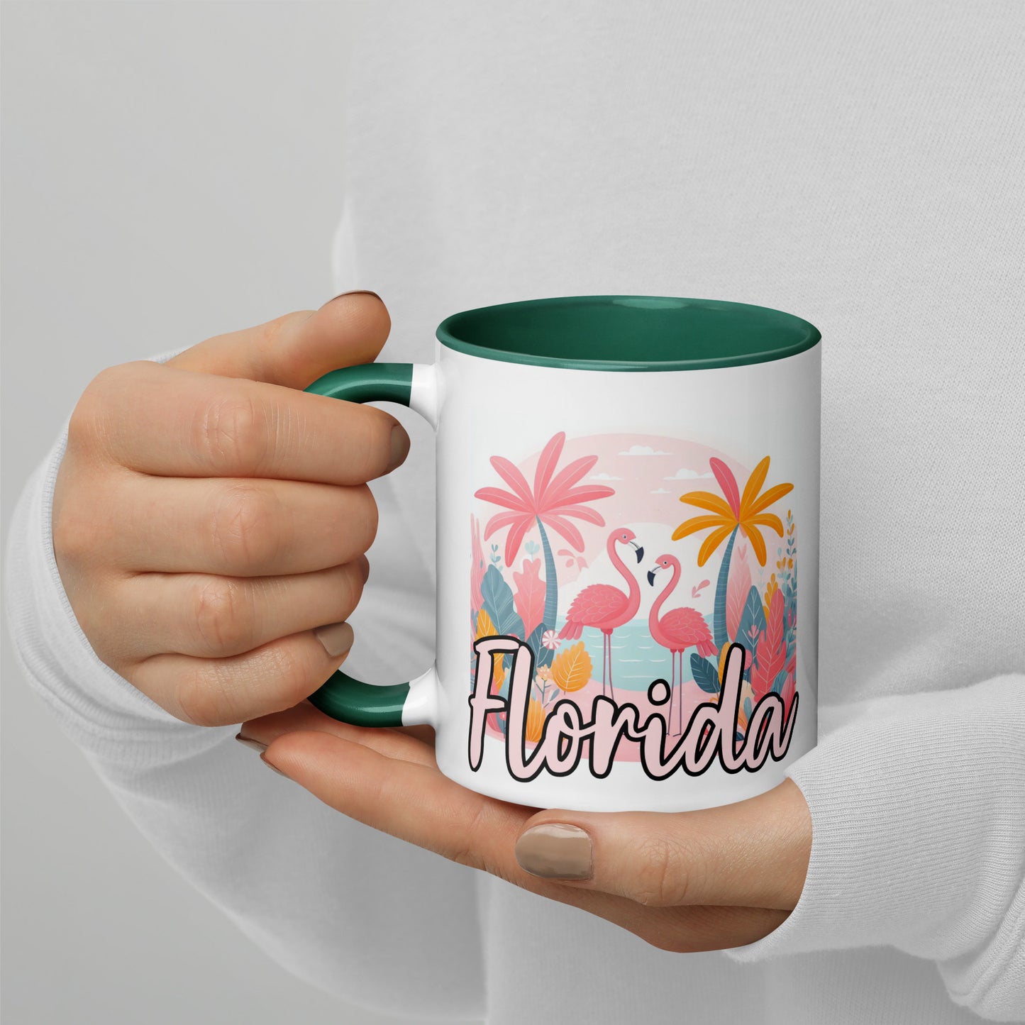 FLORIDA FLAMINGOS Mug with Color Inside - Florida Flamingo Mugs - FL Coffee Cups V2