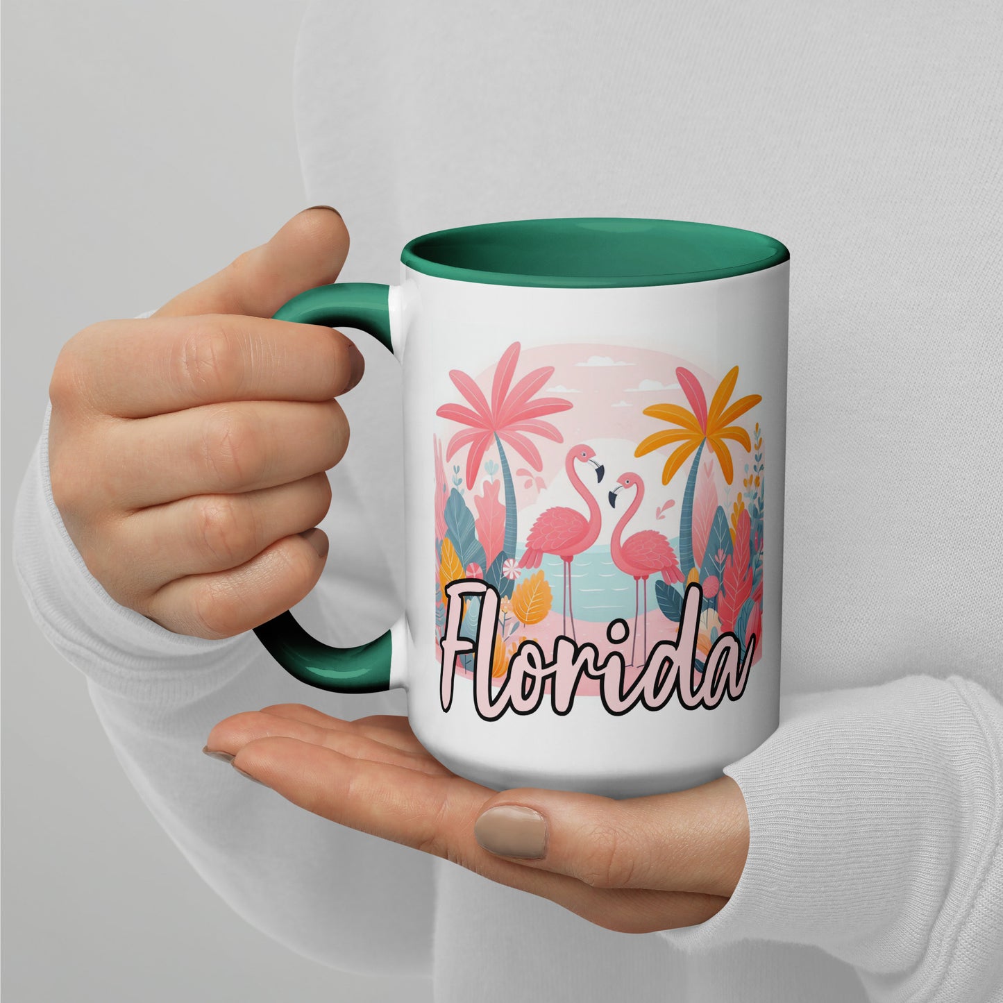 FLORIDA FLAMINGOS Mug with Color Inside - Florida Flamingo Mugs - FL Coffee Cups V2