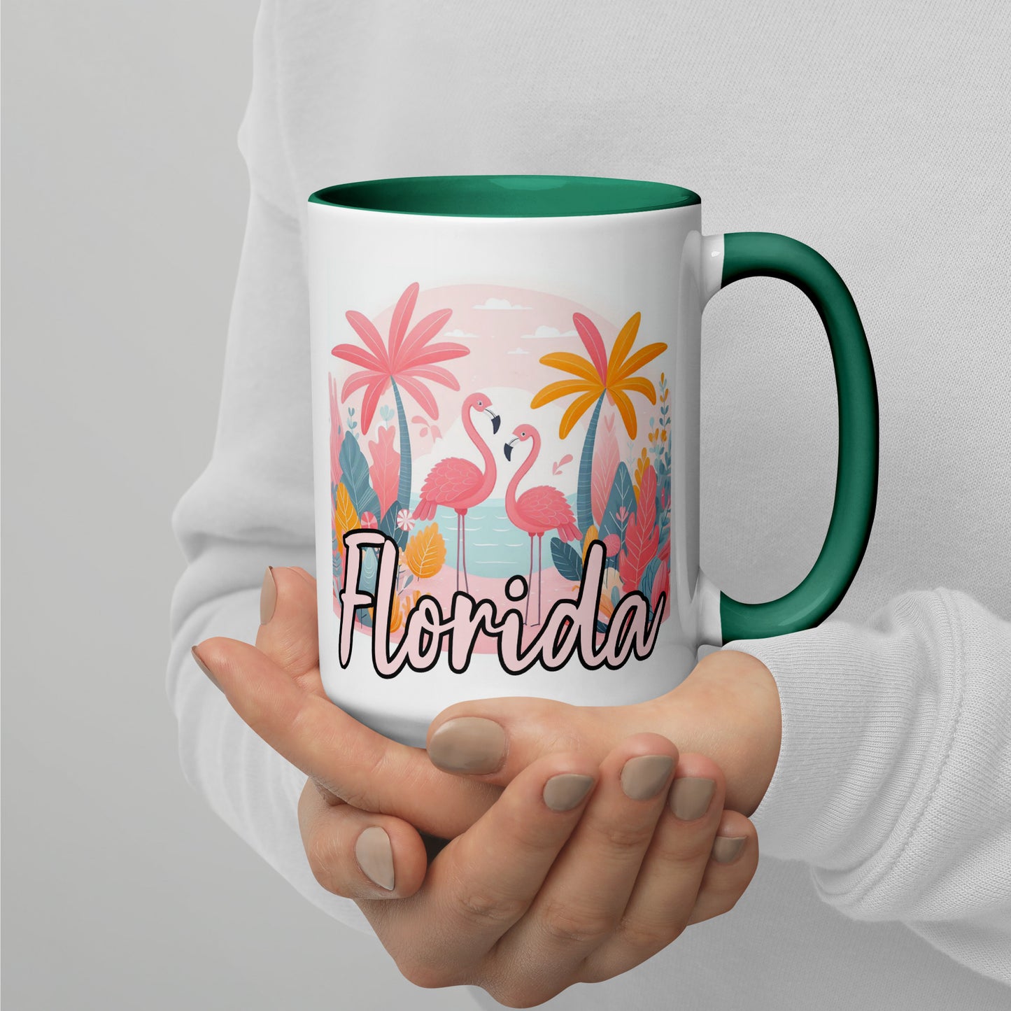 FLORIDA FLAMINGOS Mug with Color Inside - Florida Flamingo Mugs - FL Coffee Cups V2