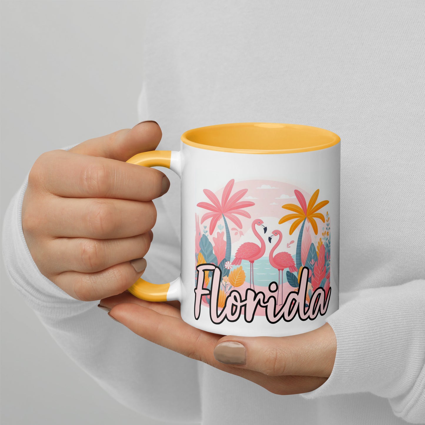 FLORIDA FLAMINGOS Mug with Color Inside - Florida Flamingo Mugs - FL Coffee Cups V2