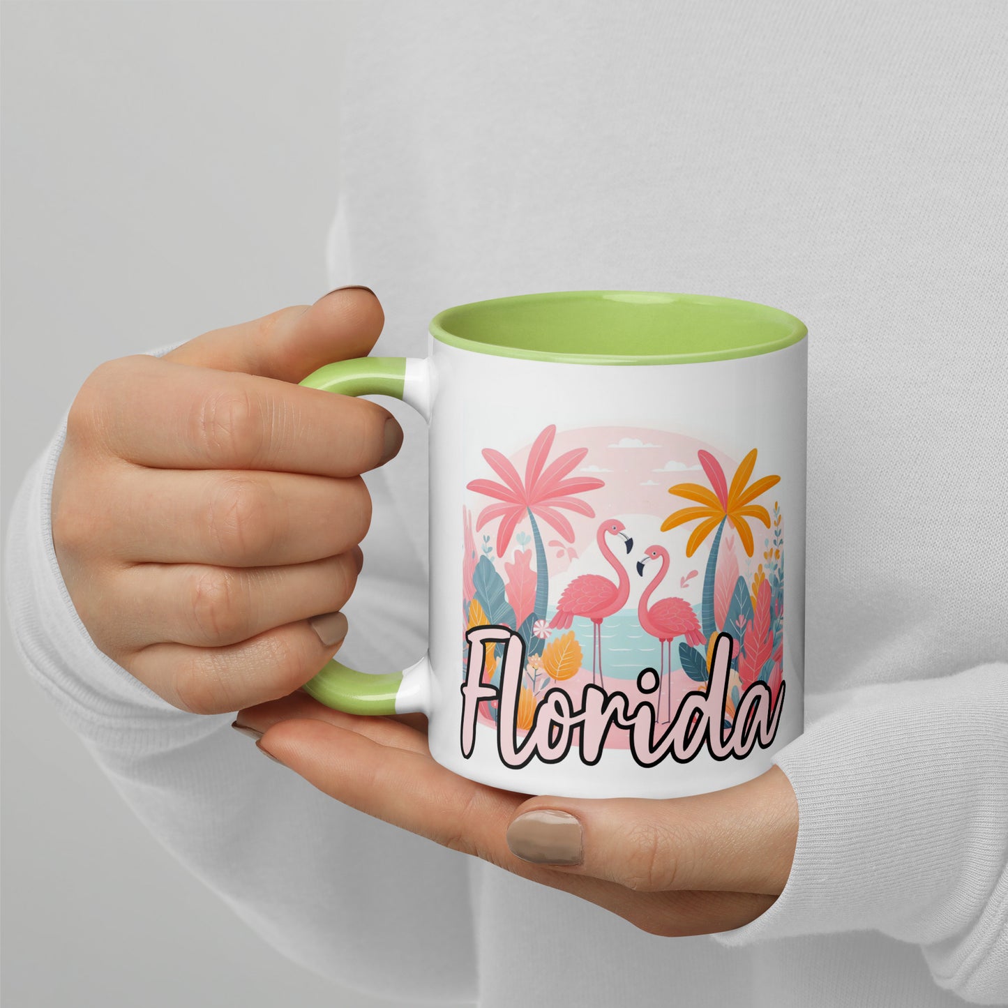 FLORIDA FLAMINGOS Mug with Color Inside - Florida Flamingo Mugs - FL Coffee Cups V2