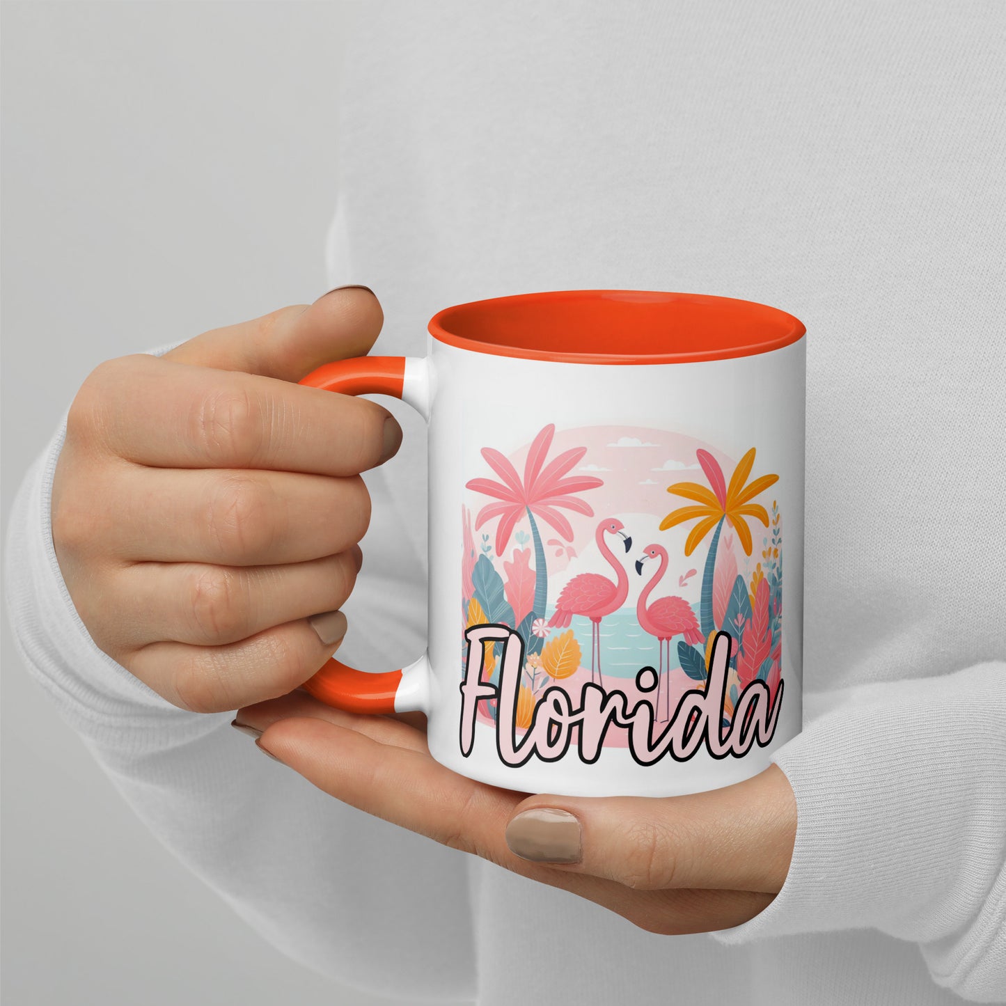 FLORIDA FLAMINGOS Mug with Color Inside - Florida Flamingo Mugs - FL Coffee Cups V2