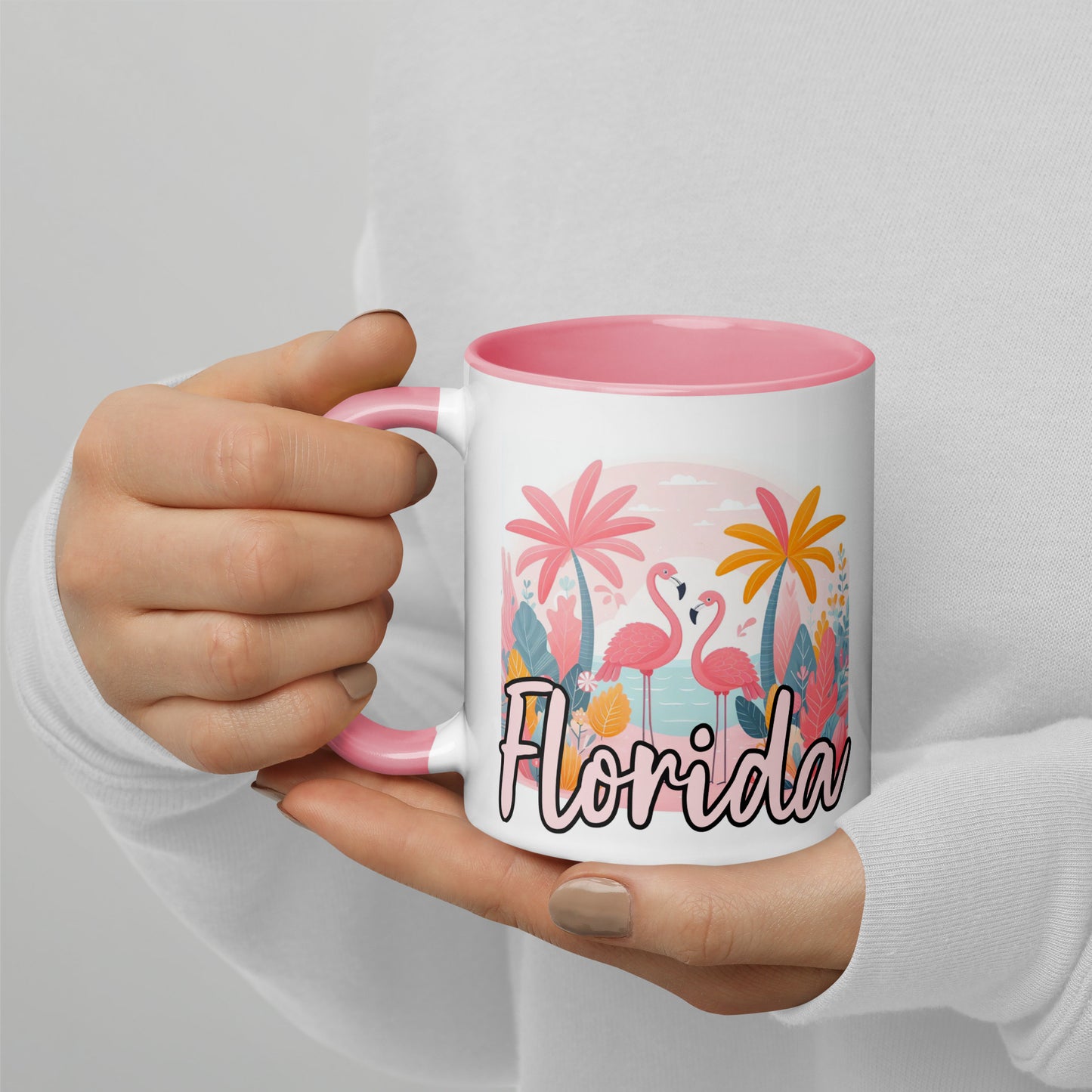 FLORIDA FLAMINGOS Mug with Color Inside - Florida Flamingo Mugs - FL Coffee Cups V2