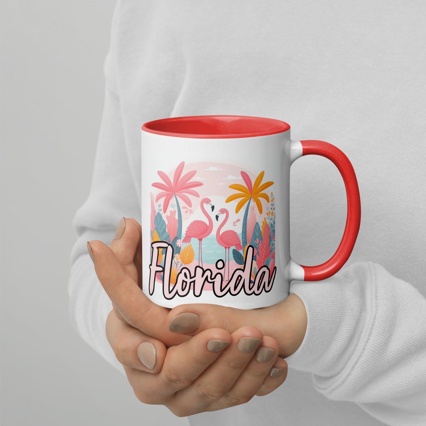 FLORIDA FLAMINGOS Mug with Color Inside - Florida Flamingo Mugs - FL Coffee Cups V2
