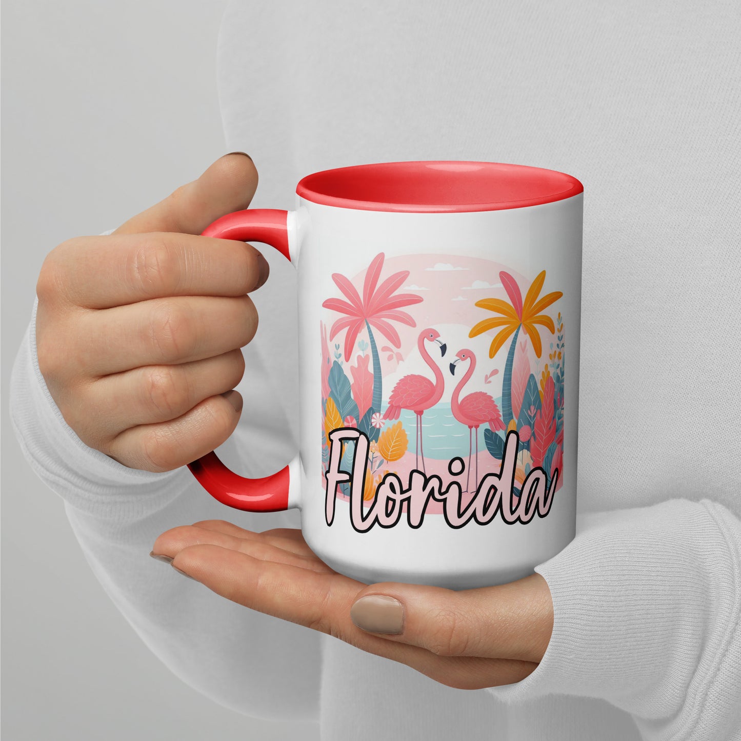 FLORIDA FLAMINGOS Mug with Color Inside - Florida Flamingo Mugs - FL Coffee Cups V2