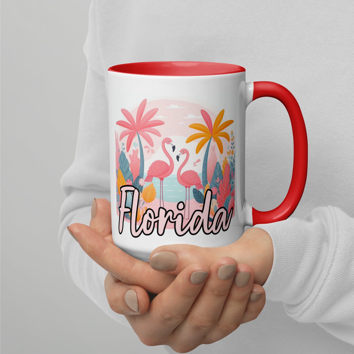 FLORIDA FLAMINGOS Mug with Color Inside - Florida Flamingo Mugs - FL Coffee Cups V2