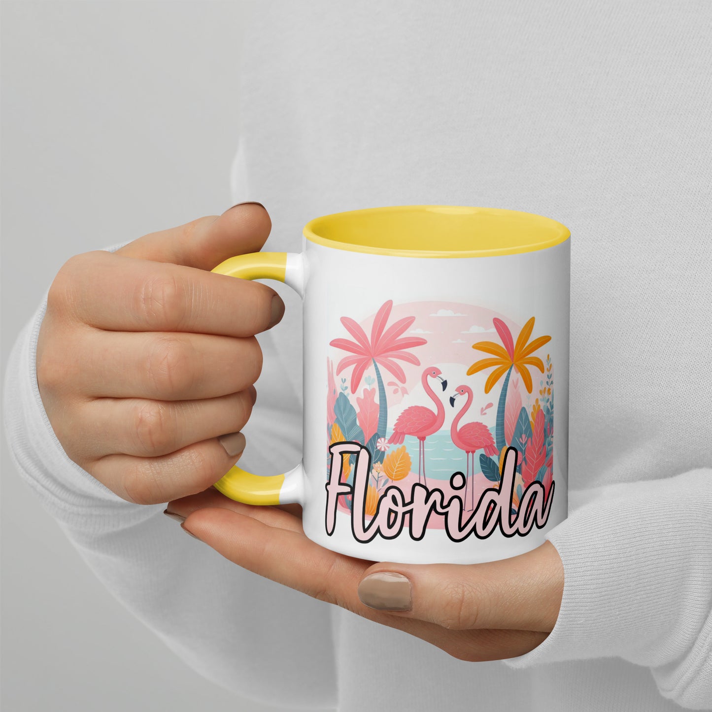 FLORIDA FLAMINGOS Mug with Color Inside - Florida Flamingo Mugs - FL Coffee Cups V2