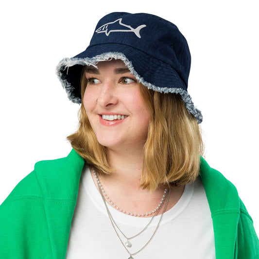 SHARK - Distressed denim bucket hat