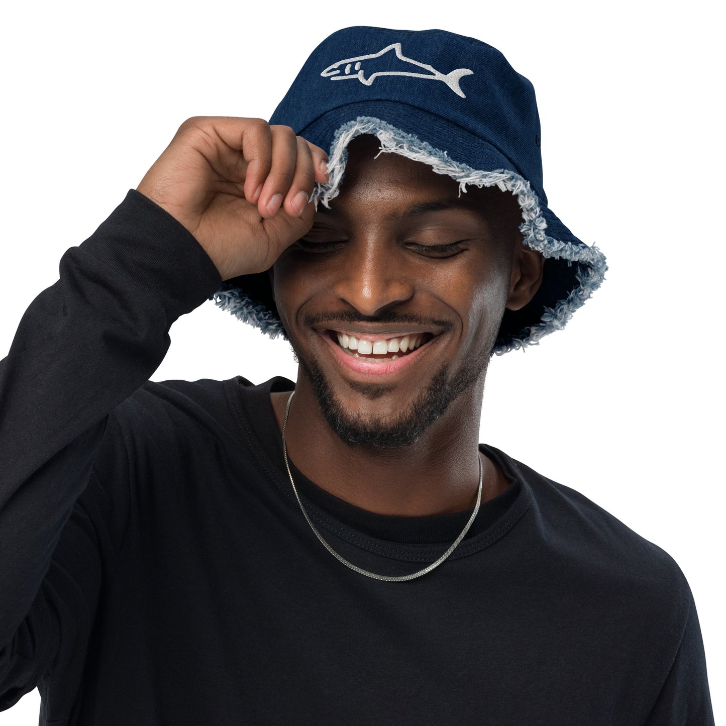 SHARK - Distressed denim bucket hat