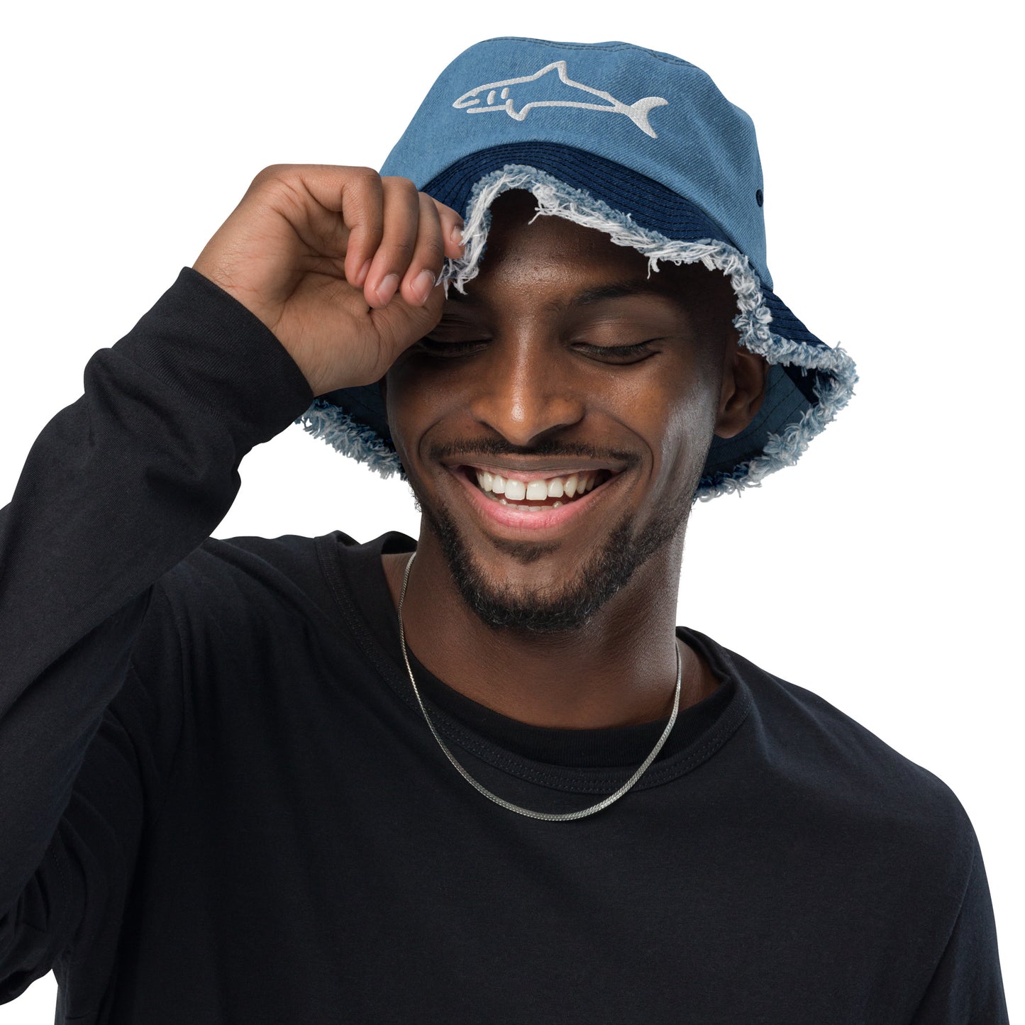 SHARK - Distressed denim bucket hat