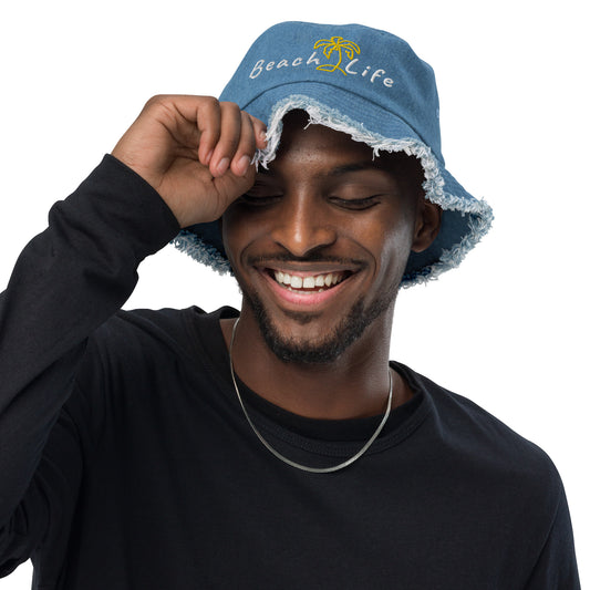 FLORIDA Distressed denim bucket hat with PALM TREE