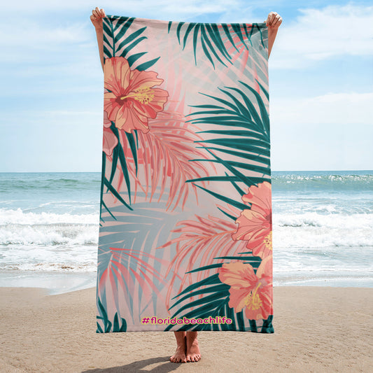 Florida Beach Vibes Coral Hibiscus Towel